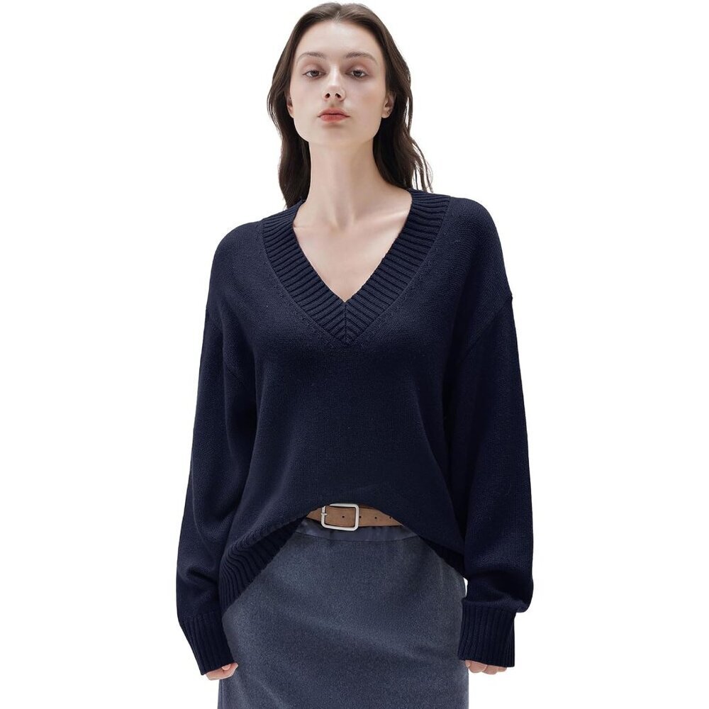Women Cashmere V Neck Pullover Sweater Oversized Long Sleeve Casual Cozy